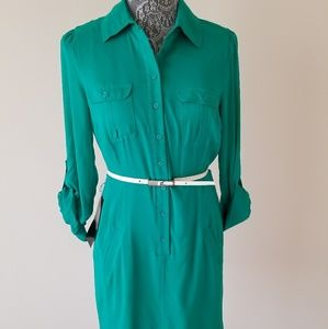 Green Shirt Dress with button closure. White belt.